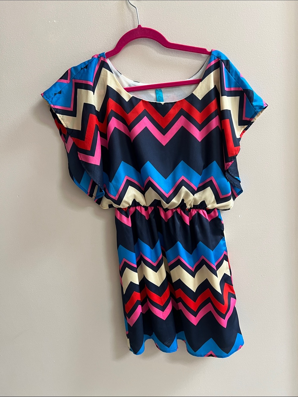 buttons Chevron Mini Dress in Navy, Pink, Red & Blue